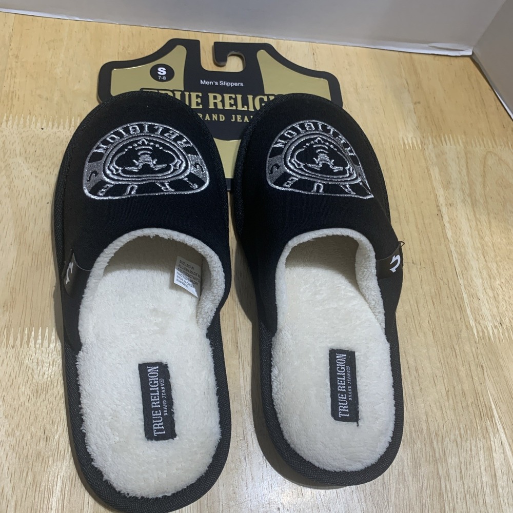 True Religion Men's Slippers 7-8 Black Plush Buddha‎ Indoor Slipper House Shoes